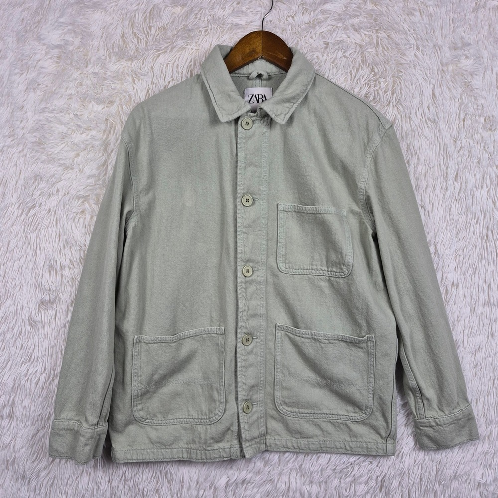 Zara Man Sage Green Cotton Twill Chore Barn Jacket Utility Work Shirt Mens Sm
